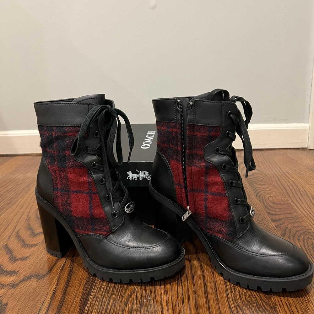 Coach Women's Plaid Lace-Up Boots in Black and Red